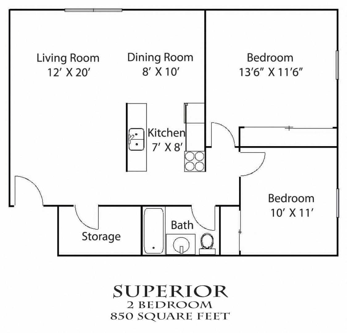 Floor plan for 2 beds, 1 bath, 900 sqft